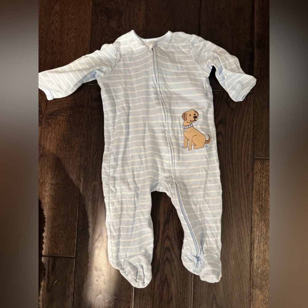 Little Me Light Blue & White Striped Footie with Puppy Appliqué